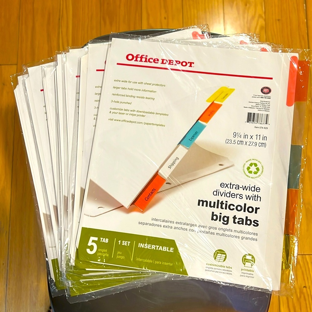 Office Depot. 9 Packs of 5 Tabs Extra Wide Dividers with Multicolor Big Tabs.